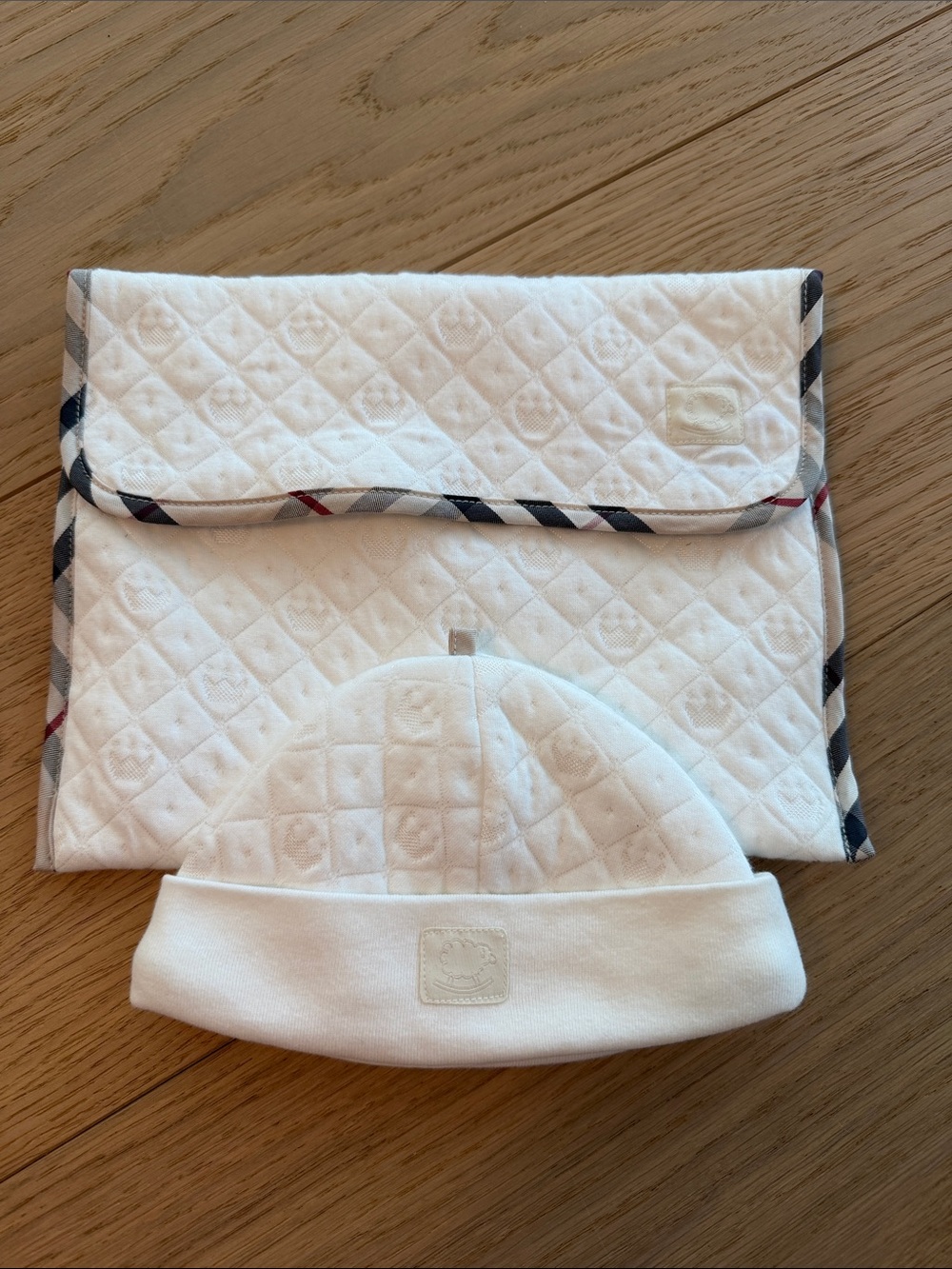 Burberry White Quilted Baby Hat and Foldable Changing Mat with Check Trim